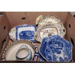 A box containing Masons, blue and white pottery and others