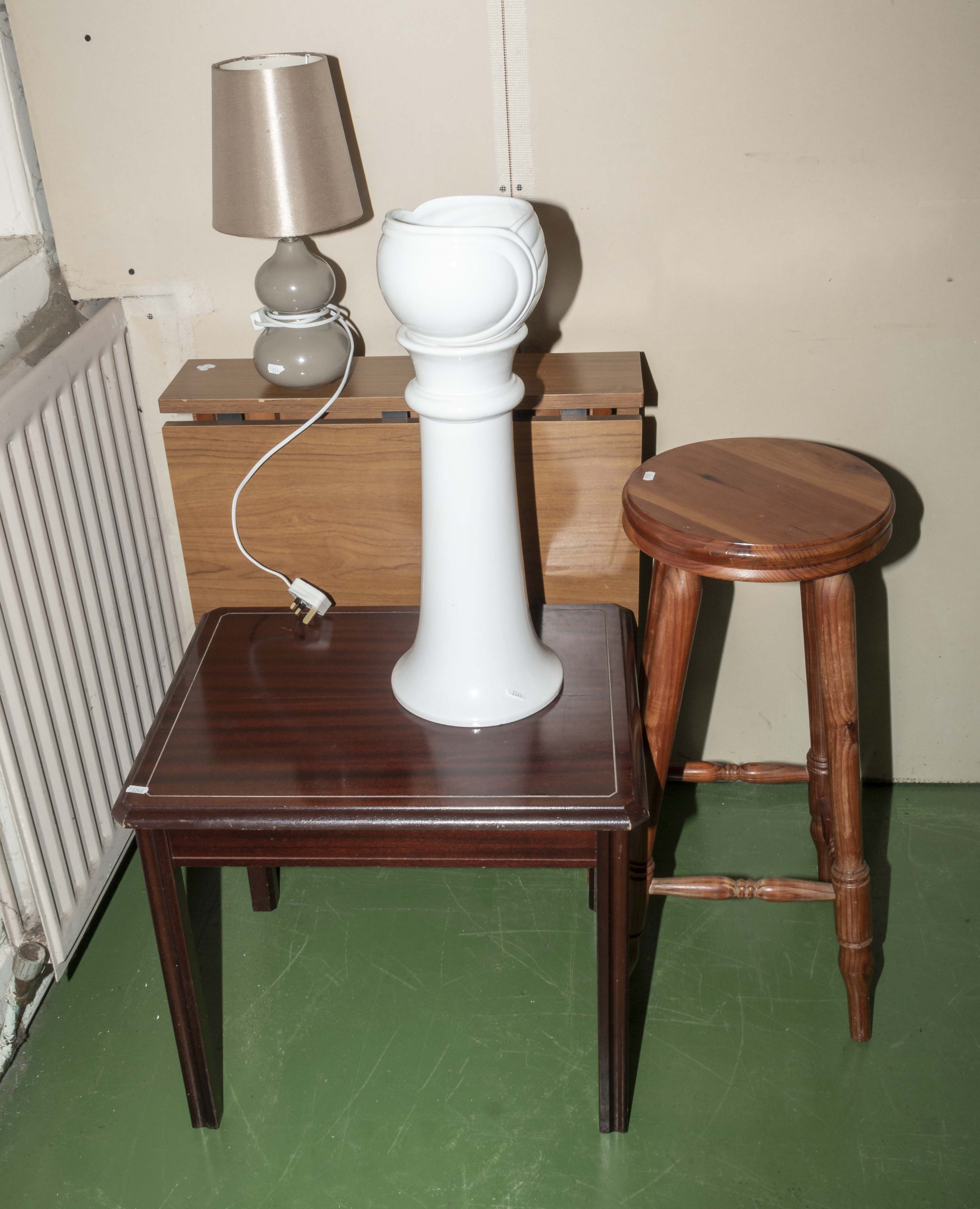 Two small tables, stool, lamp and jardiniere