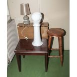 Two small tables, stool, lamp and jardiniere