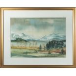 A framed watercolour depicting a lake scene