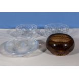 A cloud glass bowl, plate and two bowls