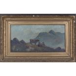 A gilt framed oil on canvas depicting Highland cows in a mountain landscape