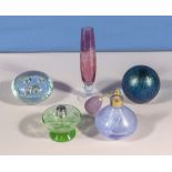 Two perfume atomisers and three other pieces of glass