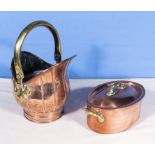 A small copper helmet coal bucket and a French lidded copper pot