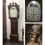 A longcase grandfather clock with white face depicting a hunting scene, Hawick maker M Rutherford