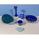 Six pieces of blue art glass
