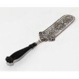 An German ebony handled and pierced silver page turner depicting German poet Friedrich Shiller