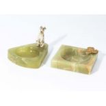 Two onyx pin trays one with cold painted bronze terrier dog figure