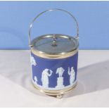 A Wedgwood cylindrical blue Jasper Ware biscuit barrel on bun feet