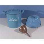 A vintage enamel Meal pot, jelly mould and a copper funnel