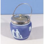 A Wedgwood cylindrical blue Jasper Ware biscuit barrel