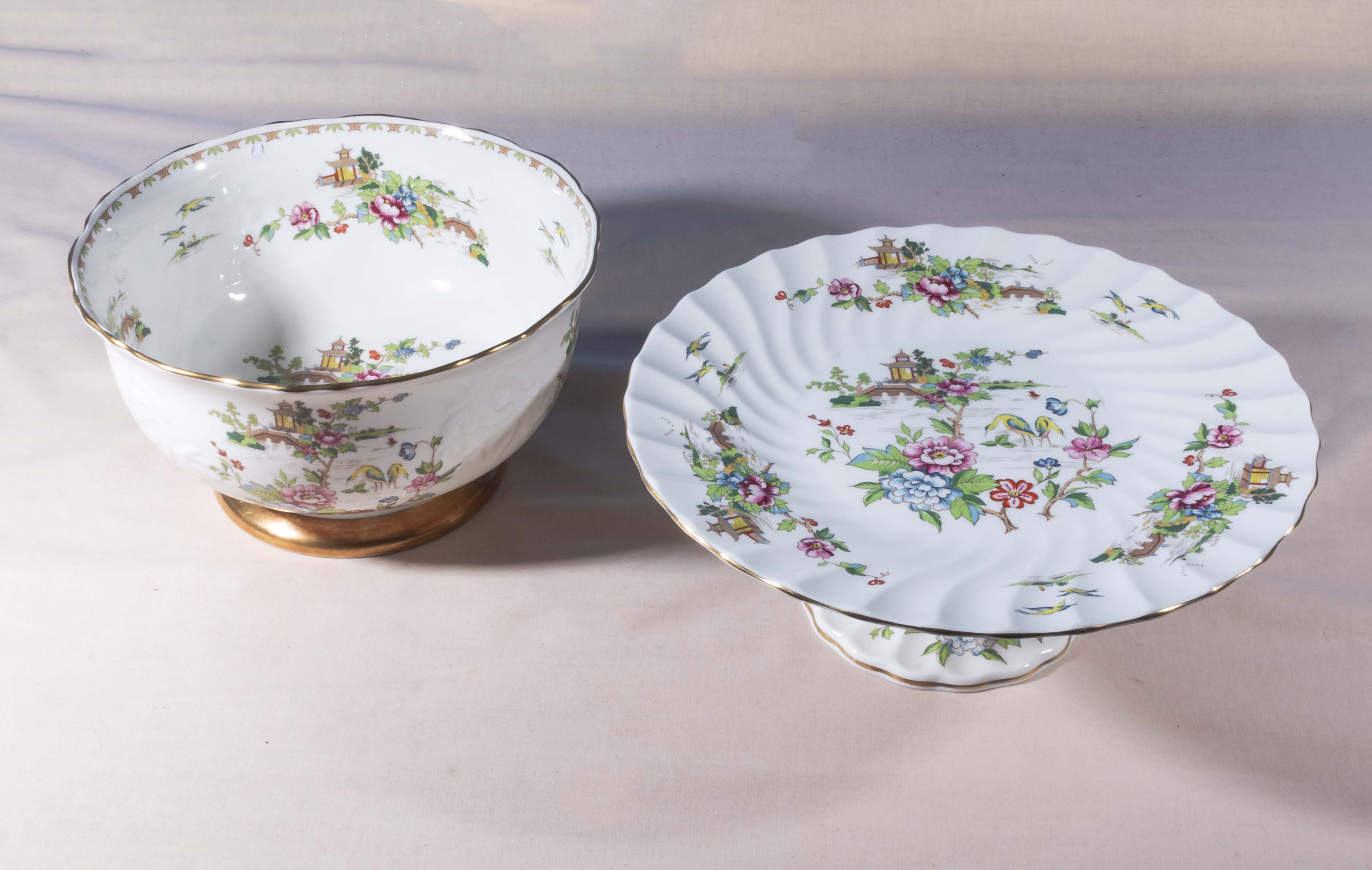 A Crown Staffordshire Pagoda pattern cake stand and bowl