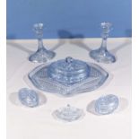 A blue glass dressing table set