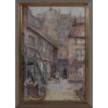 A framed watercolour of a street scene, indistinct signature. size 33cm x 22cm