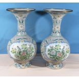A large pair of Chinese 1920's enamelled vases with bulbous body and narrow necks, pink ground
