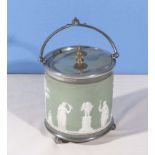 A Wedgwood cylindrical green Jasper Ware biscuit barrel