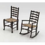 A pair of miniature Lancashire ladder back chairs, approx 16cm tall