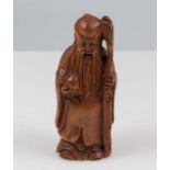 Hardwood hand carved Netsuke of SHOU God of longevity signed. 6cm