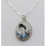 Mounted shard of Ming dynasty pottery of a lady pendant on sterling silver chain