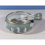 A Wedgwood green Jasper Ware salad bowl and servers