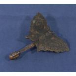 An antique Chinese bronze lock in the shape of a butterfly, the key with a mans head 3.5" wide 4"