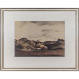 A framed print of a mountain scene with figures in the foreground