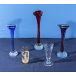 Three bud vases, small Mary Gregory glass and one other