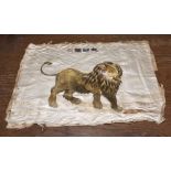 A Chinese antique silk embroidered picture of a lion, finely picked out in gold coloured silks,