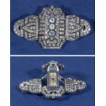 An Art Deco silver and marcasite lady's brooch/watch, 6cm