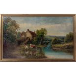 A gilt framed oil on canvas depicting a cottage with cattle on a river bank, signed N Harris, 13"