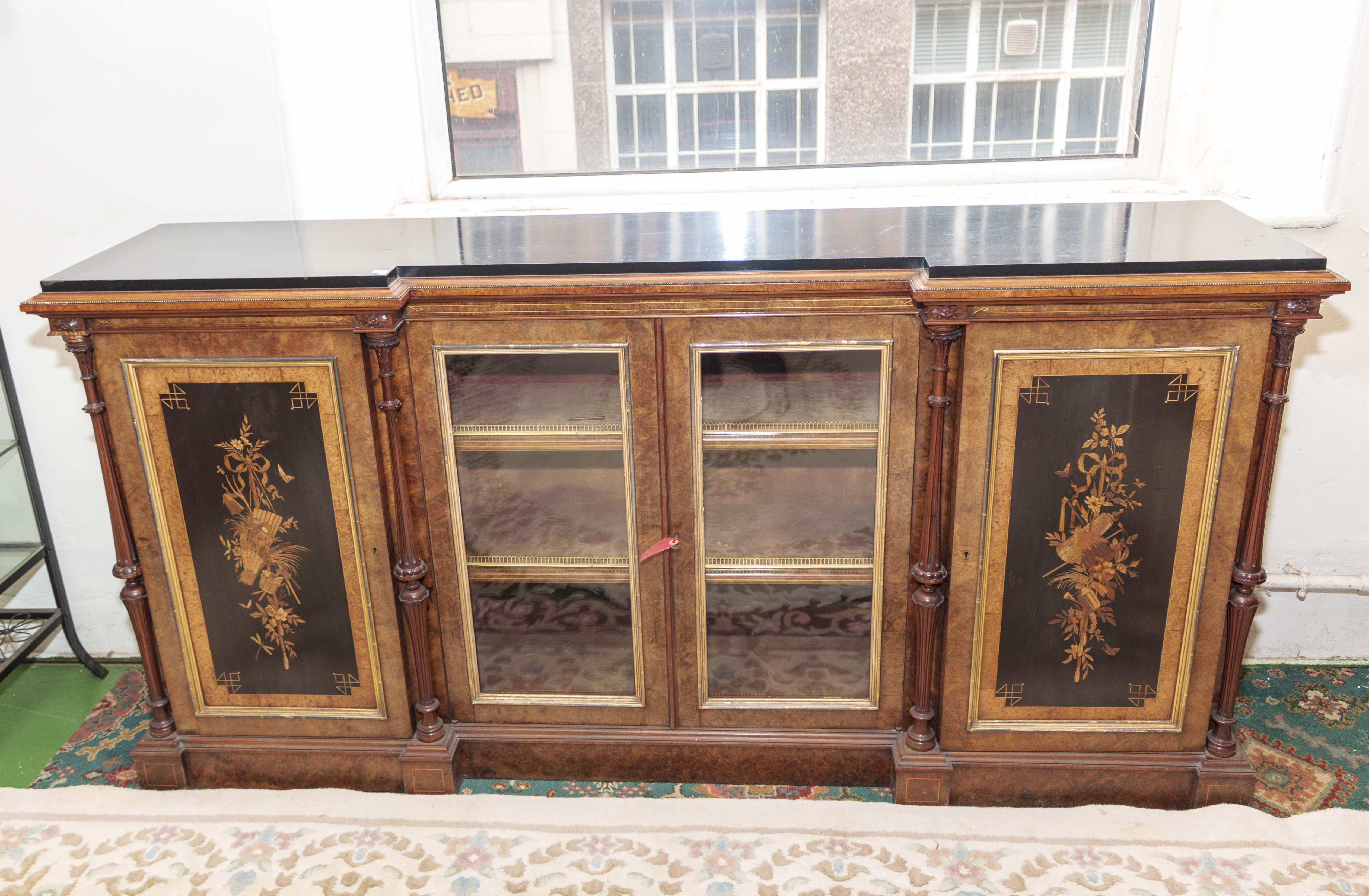 A very good quality Victorian burr walnut, marquetry and ebonised reverse breakfront side cabinet by