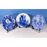 Three blue and white transferred printed plates, including Royal Doulton and Adams, 25cm dia.