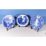 Three blue and white transferred printed plates, Faithful Geyser, the Hermitage Andrew Jackson and