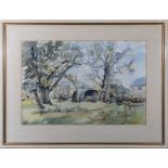 A framed watercolour depicting a rural scene signed E Midwood size 70cm x 55cm
