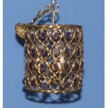 A Circa 1930 gilt ormolu cylindrical hanging lamp with pale purple glass drops within the criss