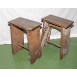 A pair of oak stools, 50cm tall, seats 36cm x 21cm