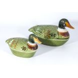 Two vintage green duck Michel Caugant Pate Terrine. c 1970's. Made in France for Pate maker Michel