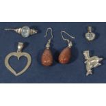 Silver jewellery pair of earrings, brooch and pendants