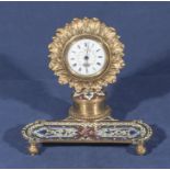 An ormolu and cloisonne desk clock with porcelain face, possibly Russian, 14cm high