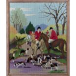 A framed tapestry depicting a hunting scene 48cm x 40cm