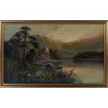 A gilt framed oil on canvas depicting a Scottish river landscape with a figure in a boat, titled