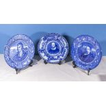 Three blue and white transfer printed plates depicting Burns, Shakespeare and Dickens, 26cm