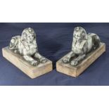 A pair of bronze sphinx on marble bases, 27cm x 9cm