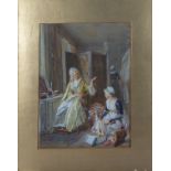 A Victorian unframed watercolour of fine quality depicting a lady with her maid sorting boxes of
