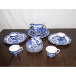 Blue and white transfer printed plates, cups and saucers and a jug