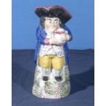 Antique Staffordshire - Prattware small sized toby ale jug, depicting Toby Philpot holding his jug