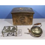 A brass log box, trivet and kettle