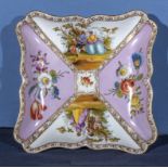 An antique porcelain Augustus Rex Dresden square shaped dish, decorated in panels with a courting