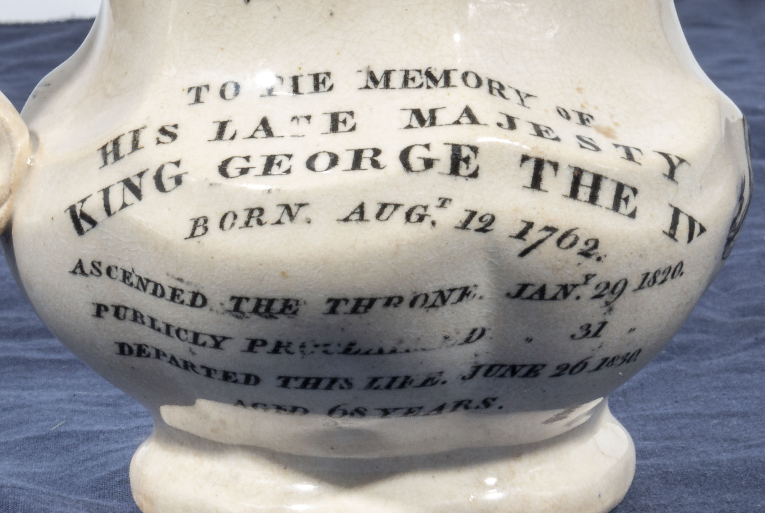 An antique black transfer printed- ware Staffordshire George 1V pottery jug. To the memory of his - Image 5 of 8