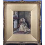 A fine quality Victorian watercolour drawing of a young mother and child in an elegant parlour